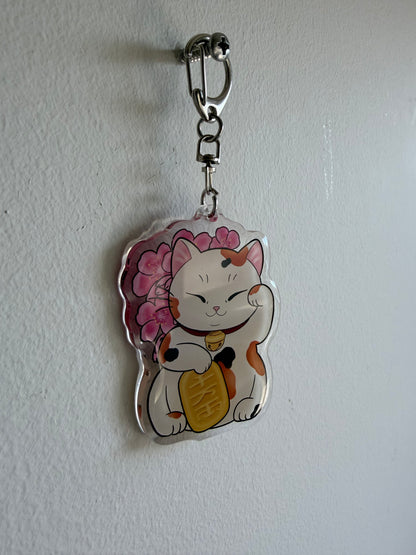 Sakura Lucky Cat Keychain